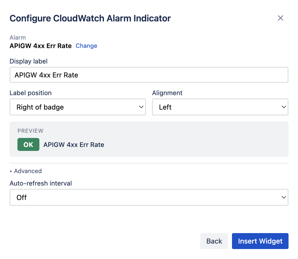 The ConfluOps alarm configuration dialog showing label, position, alignment, and auto-refresh options with a live badge preview