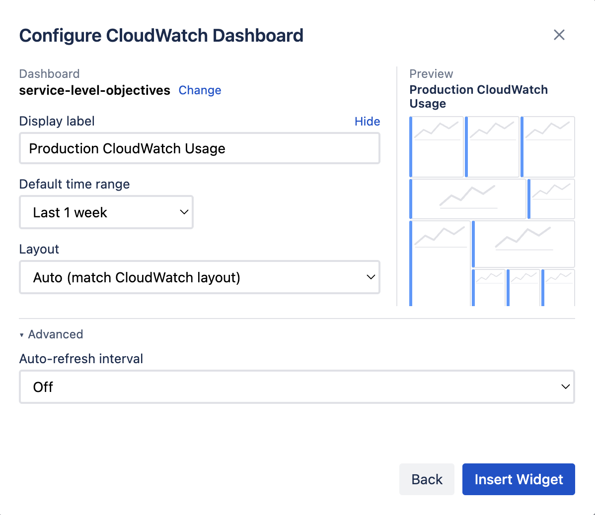 The ConfluOps dashboard configuration dialog
